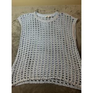 She + Sky Open Knit Crochet Short Sleeve Agua Sweater M Cottagecore Boho Beachy